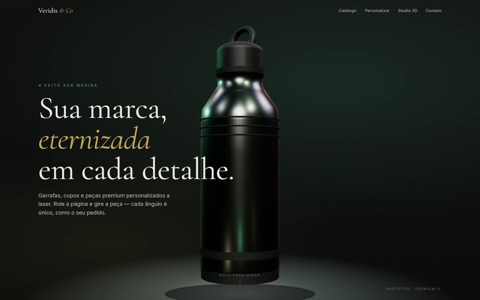 Hero 3D da Veridis: garrafa que gira conforme a página é rolada